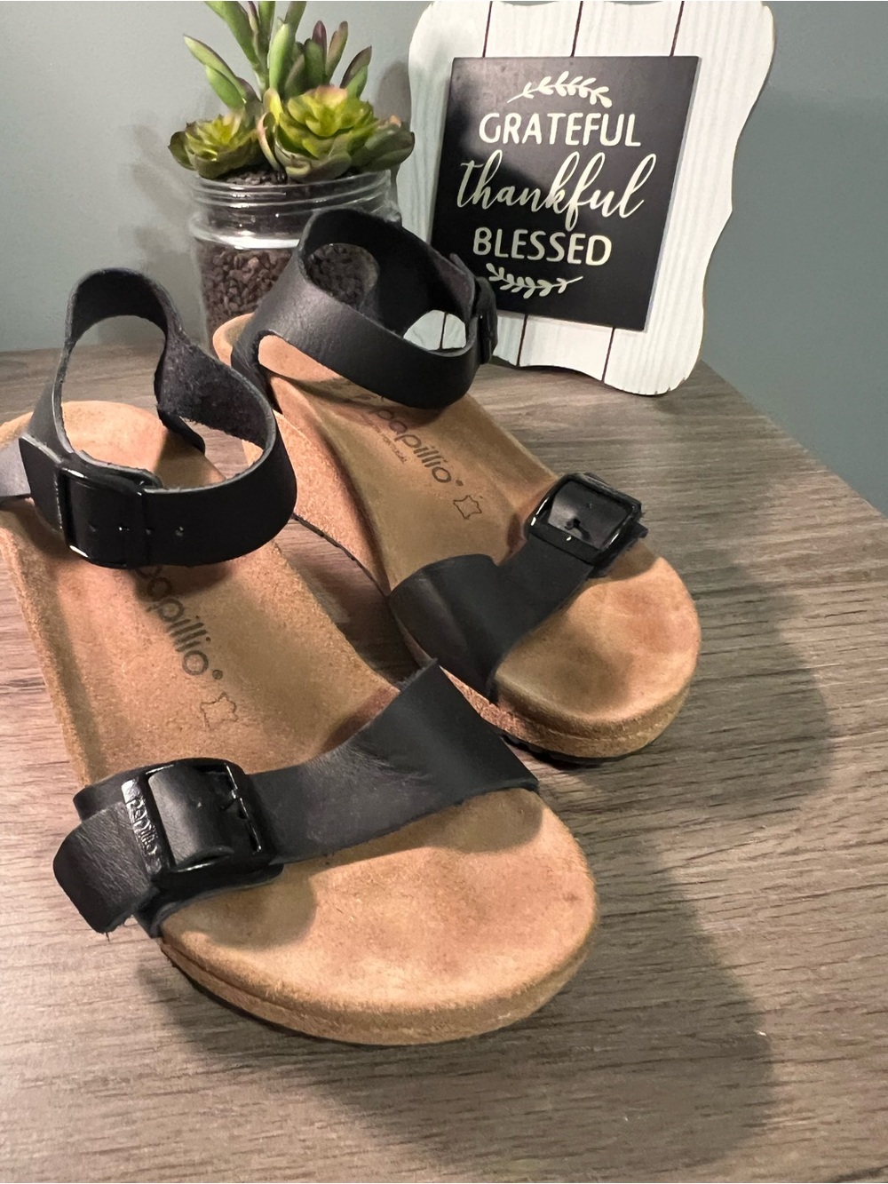 BIRKENSTOCK Papillio Black Leather Wedge Sandals with Buckles SIZE 39 - Picture 3 of 11